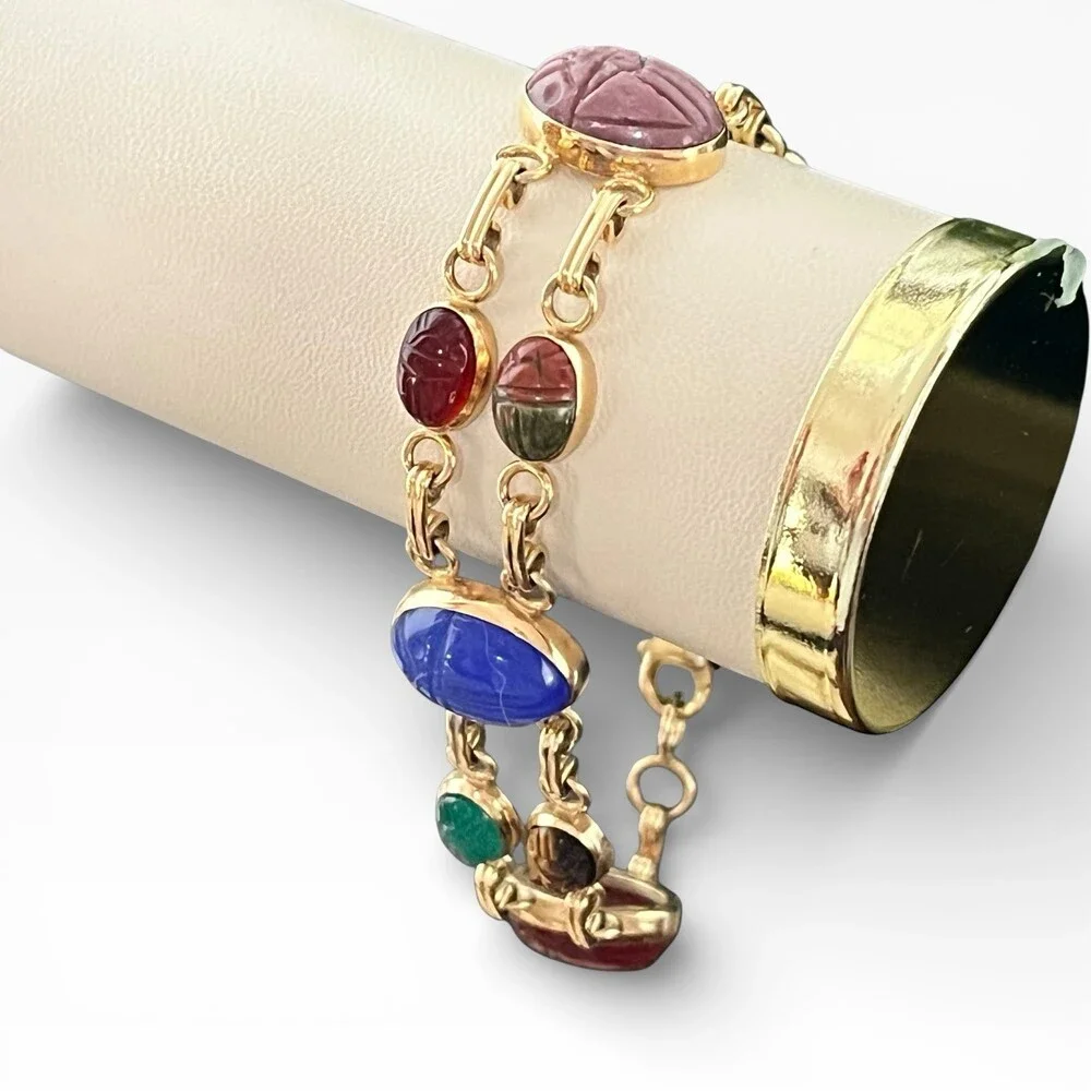 Vintage Carla 14k Yellow Gold Two Strands Multi Gemstone 10 Scarab Bracelet 7